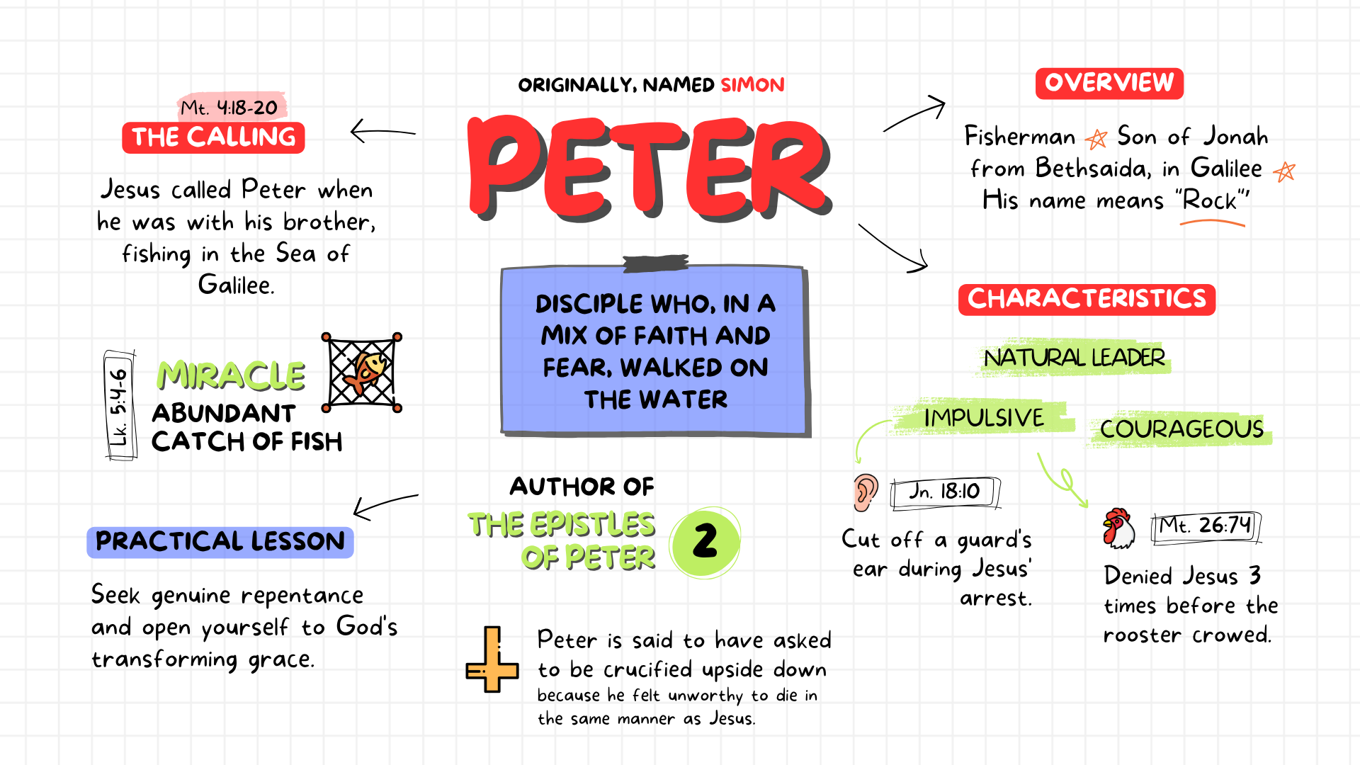 Actual Peter profile page from the study guide showing overview, calling, characteristics, practical lesson, and references